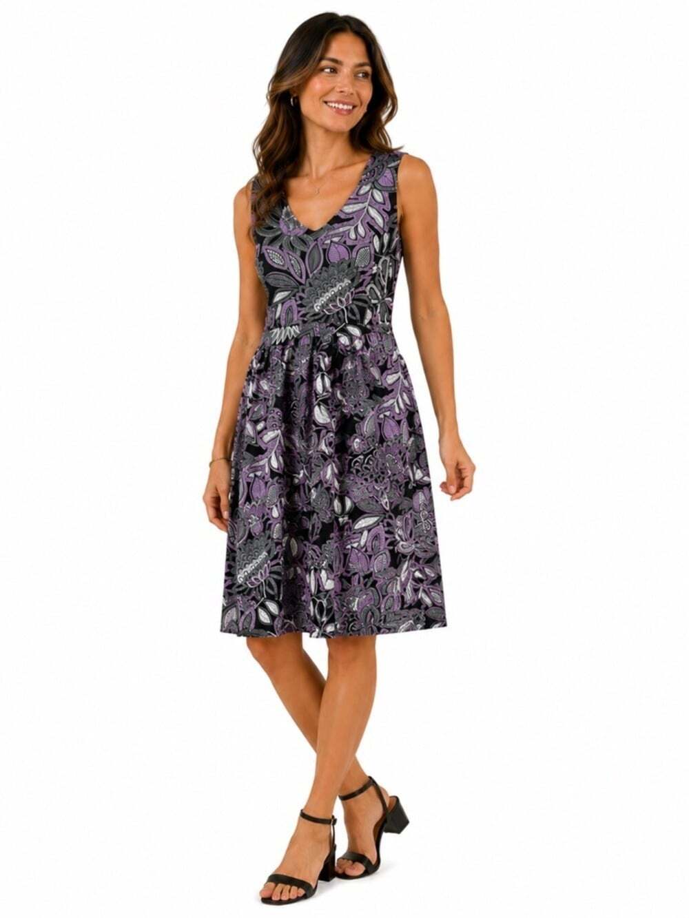Cleo Women's Purple Floral V- Neck Elastic Waist Summer Midi Dress Size …